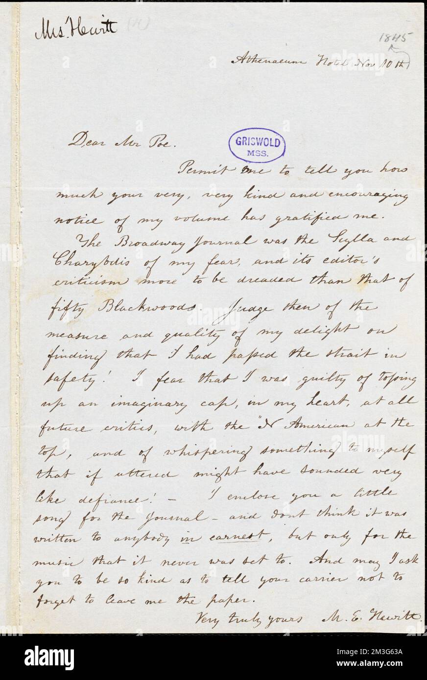 Mary Elizabeth (Moore) Hewitt Stebbins, Athenaeum Hotel (NY), lettera autografa firmata a Edgar A. PoE, 10 novembre [1845?] , Letteratura americana, 19th ° secolo, Storia e critica, Autori, Americano, 19th ° secolo, corrispondenza, Autori ed editori, Poeti, Americano, 19th ° secolo, corrispondenza. Cartine Rufus W. Griswold Foto Stock