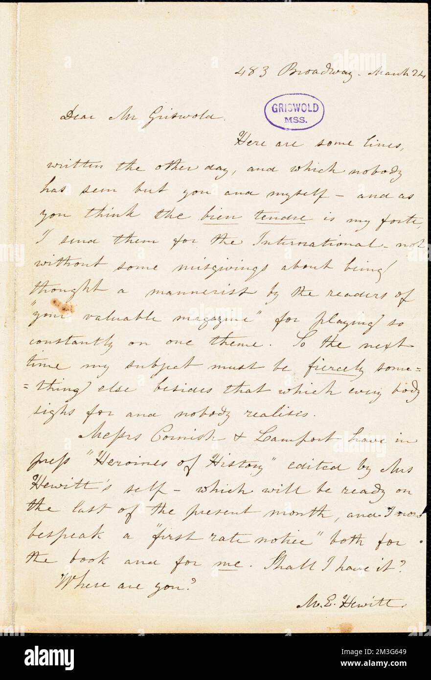 Mary Elizabeth (Moore) Hewitt Stebbins, 483 Broadway., autografo lettera firmata, 24 marzo [1856] , letteratura americana, 19th ° secolo, Storia e critica, Autori, Americano, 19th ° secolo, corrispondenza, Autori ed editori, Poeti, Americano, 19th ° secolo, corrispondenza. Cartine Rufus W. Griswold Foto Stock