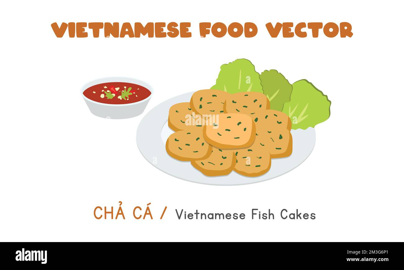 Vietnamita grigliate di pesce o torte di pesce piatto disegno vettoriale. Stile cartoon di Cha CA clipart. Cibo asiatico. Cucina vietnamita Illustrazione Vettoriale