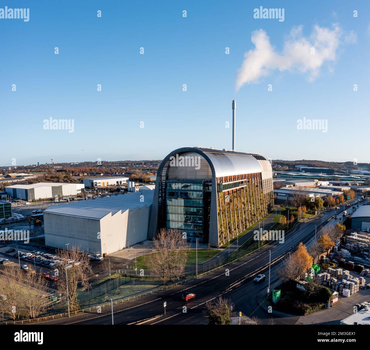 Una vista aerea dello stabilimento di Veolia Leeds per il riciclaggio e il recupero di energia, dove i rifiuti domestici vengono bruciati per produrre elettricità più pulita Foto Stock