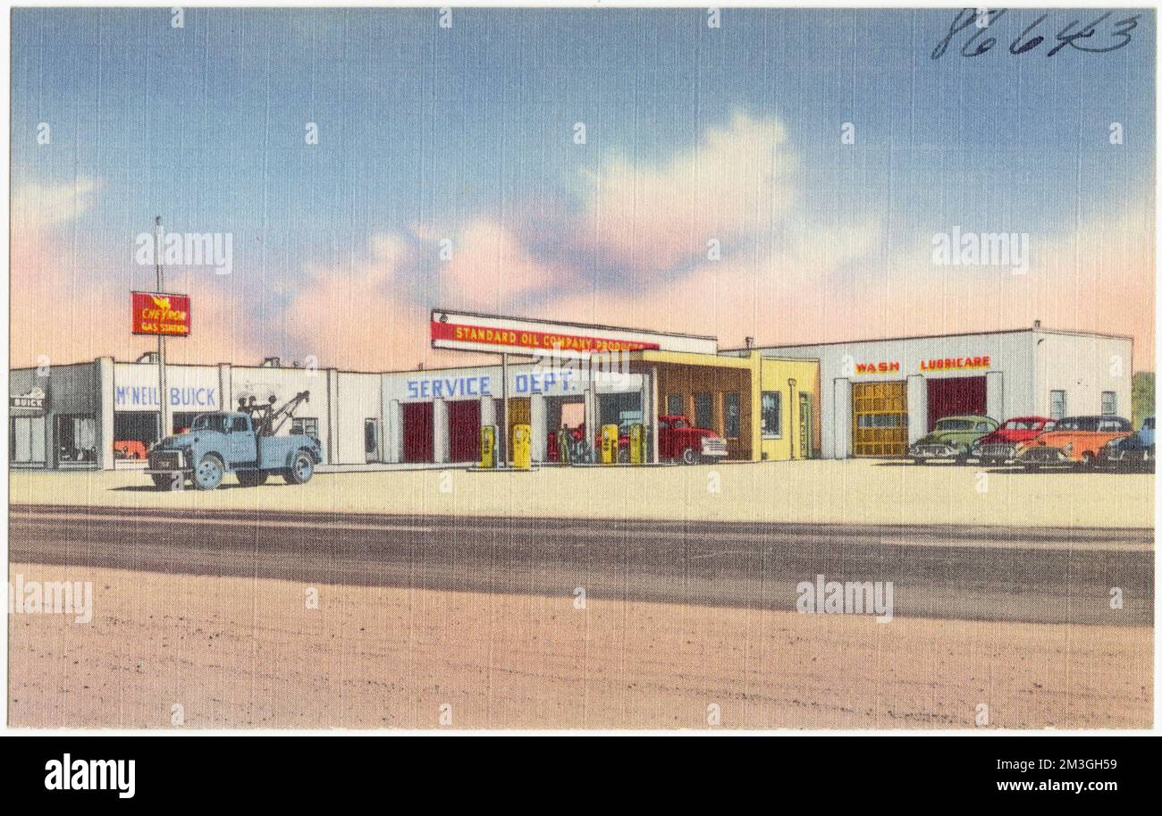 McNeil Buick Sales & Service, Deming, New Mexico. Servizio relitto 24 ore su 24, prodotti petroliferi standard, stazioni di servizio per automobili, strutture commerciali, Tichnor Brothers Collection, cartoline degli Stati Uniti Foto Stock