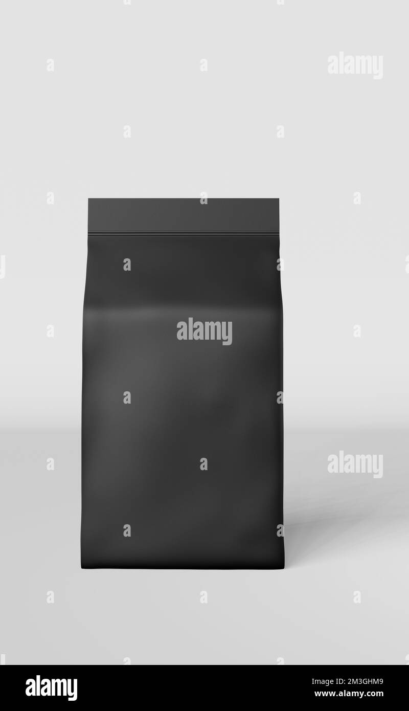 Sacchetto nero in piedi chicchi di caffè branding design 3D rendering. Imballaggio inferiore della scatola della merce. Foglio vuoto Tea cibo snack bustina di prodotto templat Foto Stock
