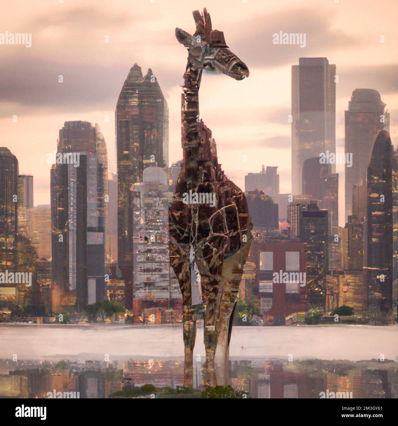 Francia, Parigi il 2022-12-12. Illustrazione digitale di un animale selvatico, qui una giraffa, in una grande città per illustrare le minacce alla biodiversità e alla fauna Foto Stock