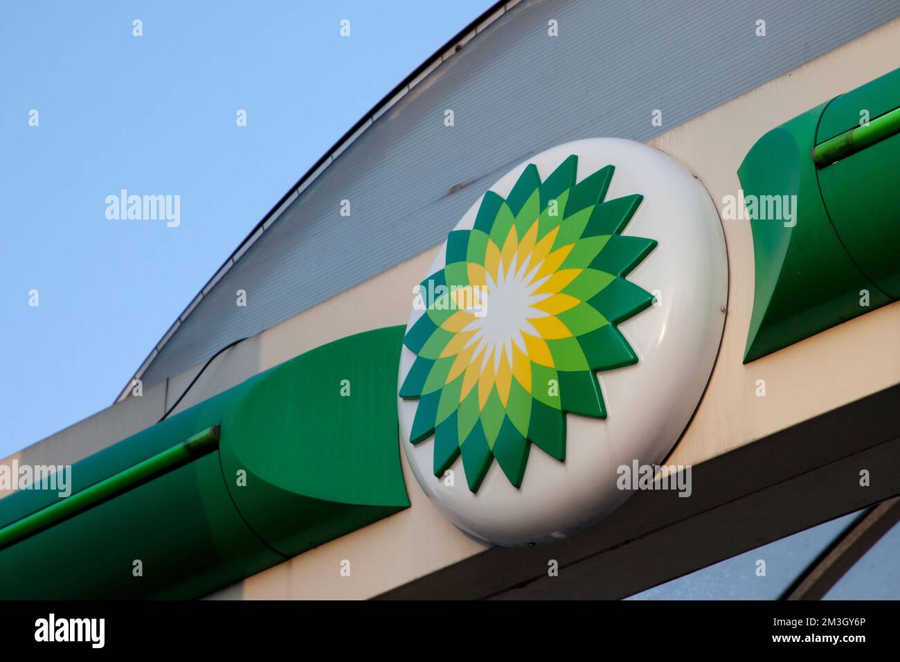 Logo BP presso una stazione di servizio a Danzica Polonia Foto Stock