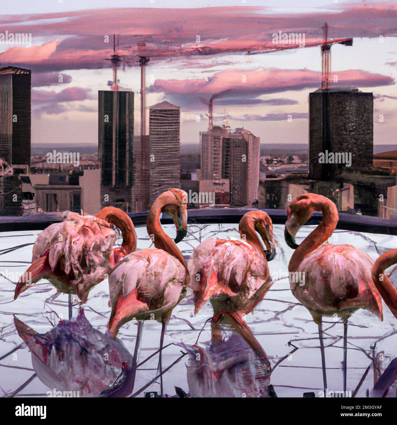 Francia, Parigi il 2022-12-12. Illustrazione digitale di un animale selvatico, qui fenicotteri rosa, in una grande città per illustrare le minacce sulla biodiversità e. Foto Stock