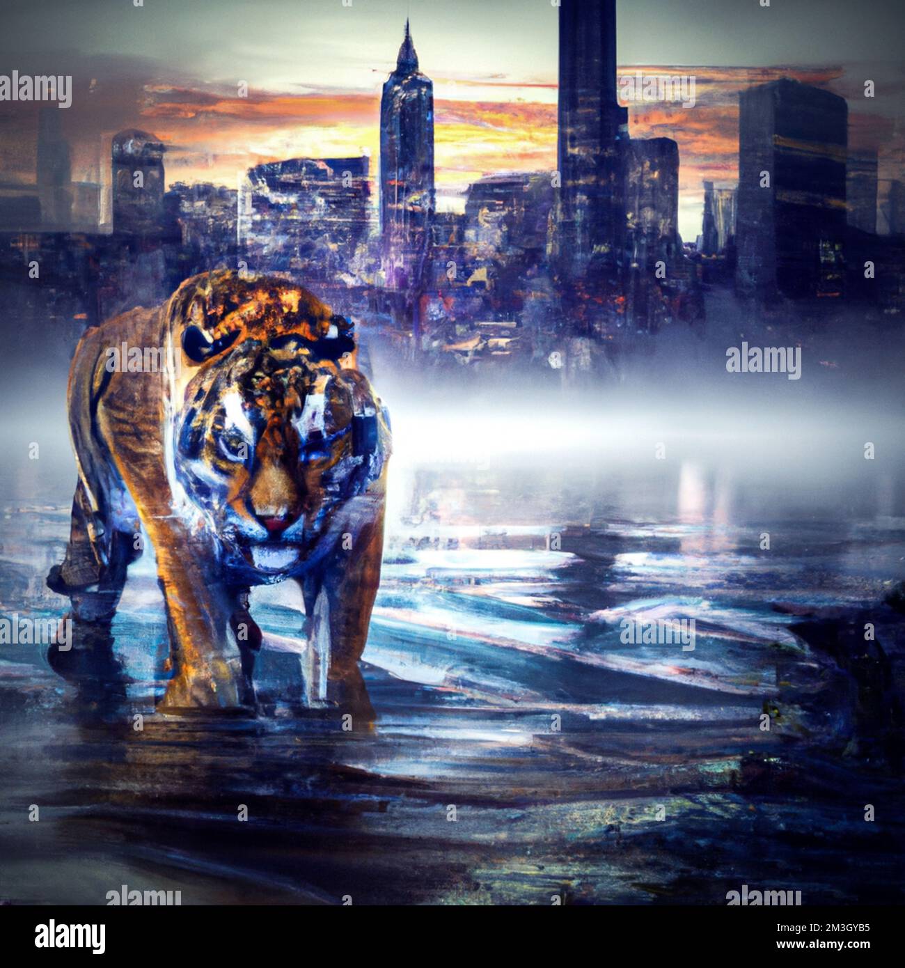 Francia, Parigi il 2022-12-12. Illustrazione digitale di un animale selvatico, qui una tigre, in una grande città per illustrare le minacce sulla biodiversità e la fauna An Foto Stock