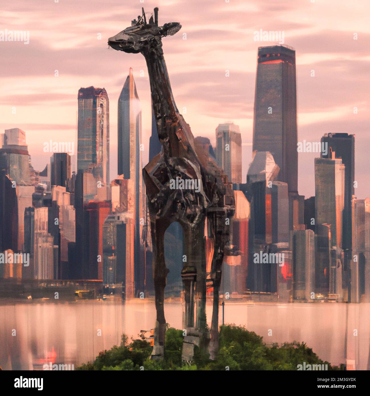 Francia, Parigi il 2022-12-12. Illustrazione digitale di un animale selvatico, qui una giraffa, in una grande città per illustrare le minacce alla biodiversità e alla fauna Foto Stock