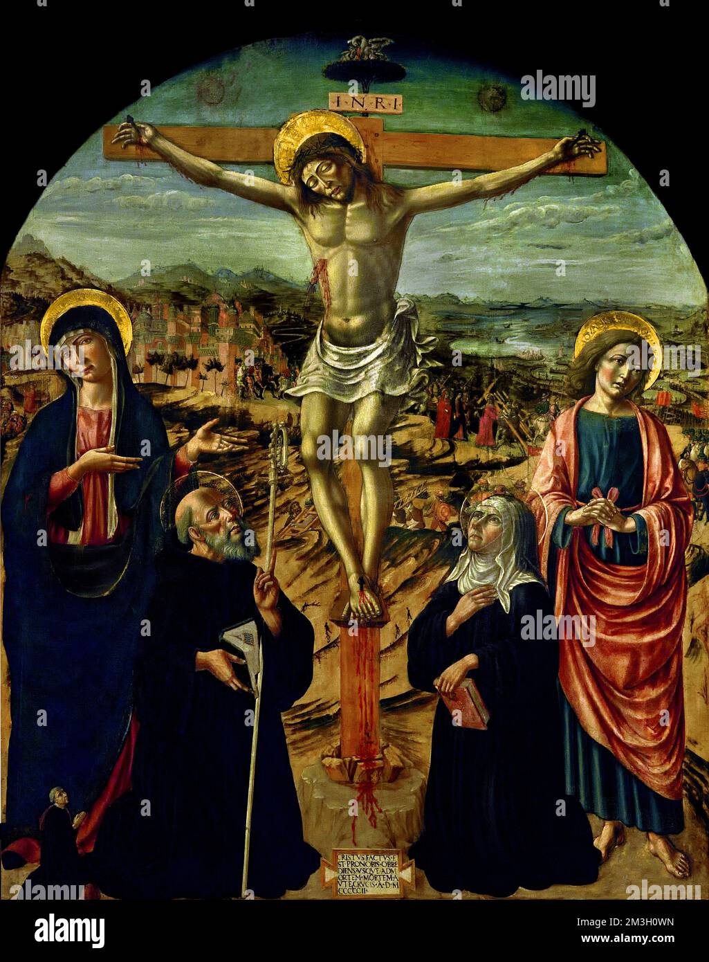 Crocifissione ei Santi Benedetto e Scolastica - Crocifissione con i Santi Benedetto e Scolastica di Andrea di Niccolo 1462-1515 Arte cristiana, Italia. Foto Stock