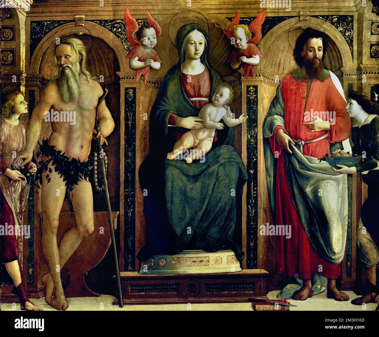 Madonna con Bambino e Santi , Sant'Onofrio e San Bartolomeo Cristiano di Pietro di Francesco Orioli, 1458–1496 pittore italiano del Rinascimento. Italia, Italiano. Foto Stock