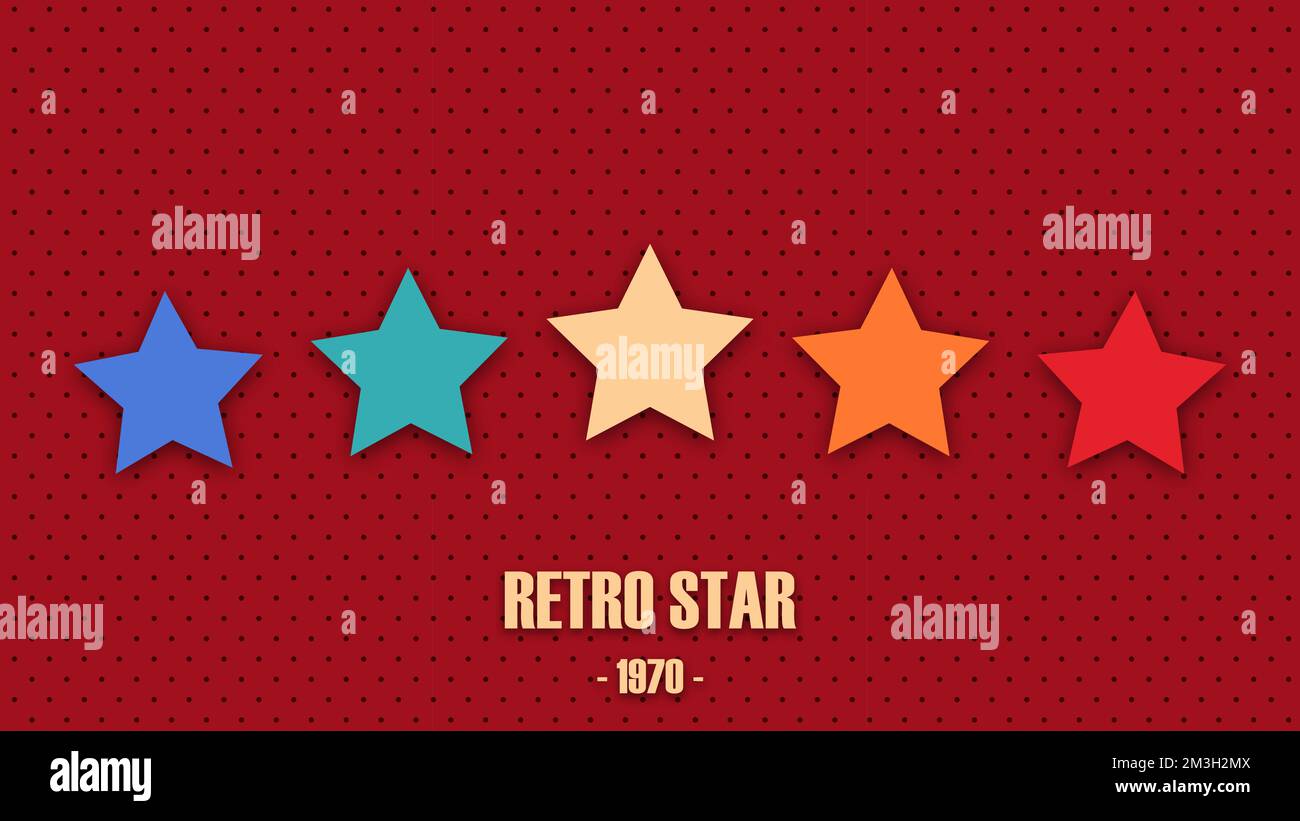 Illustrazione vettoriale in stile 1970s 1980s 1960s. Stelle colorate in stile retrò su uno sfondo forato. Concetto di feedback per app mobile o noi Illustrazione Vettoriale