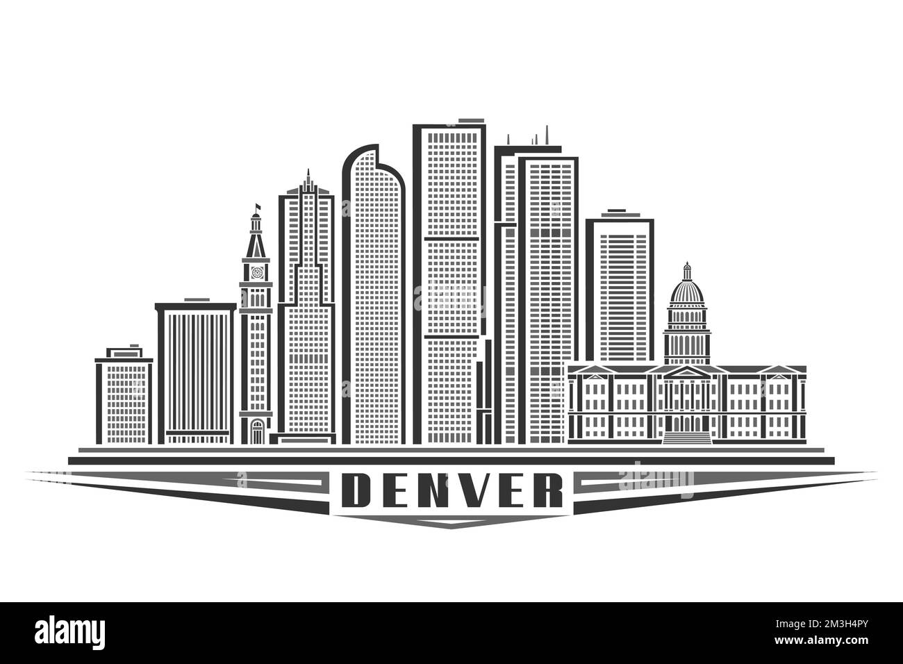 Illustrazione vettoriale di Denver, poster orizzontale monocromatico con semplice design lineare famoso denver City scape, linea urbana art concept con decorativo Illustrazione Vettoriale