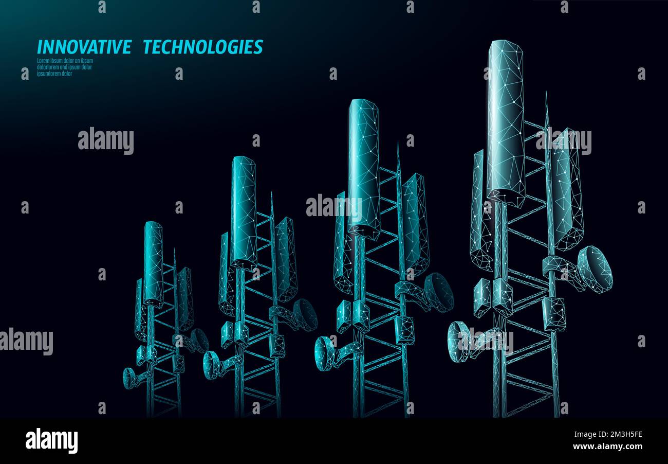 3d ricevitore della stazione base. torre di telecomunicazioni 5g design poligonale globale informazioni di connessione trasmettitore. L'antenna della radio mobile vettore cellulare Illustrazione Vettoriale