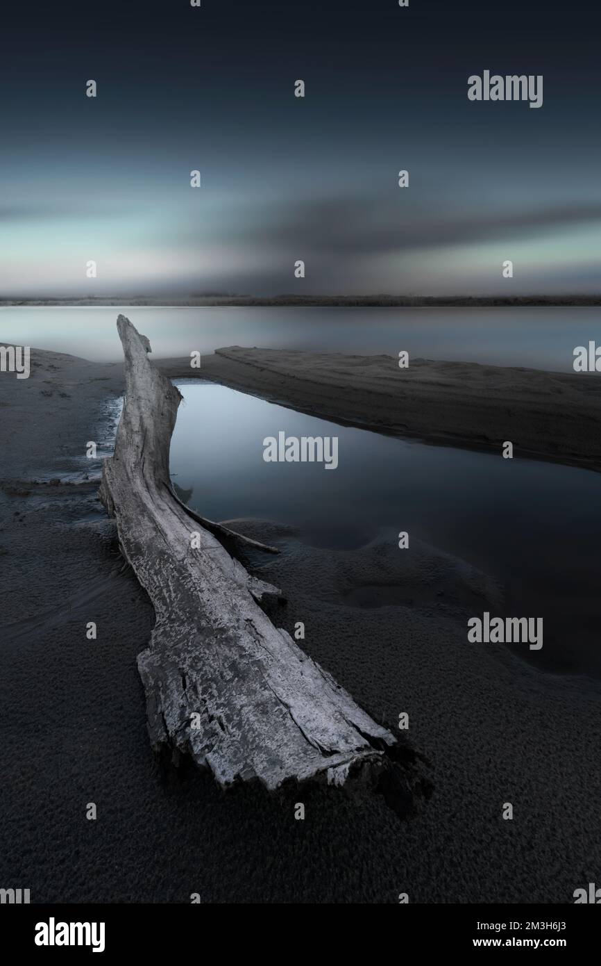 Bellissimo paesaggio fluviale o acquatico con il legno in primo piano, paesaggio scuro Foto Stock