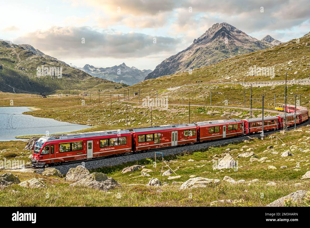 Treno alpino al Lago Bianco al Passo Bernina, Alpi Svizzere, Svizzera Foto Stock