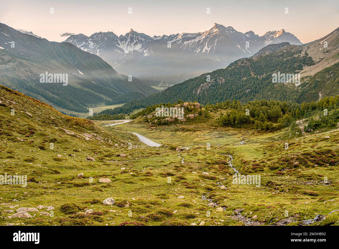 Vista mattutina sulla Valposchaivo vista dal Passo Bernina, Grigioni, Svizzera Foto Stock