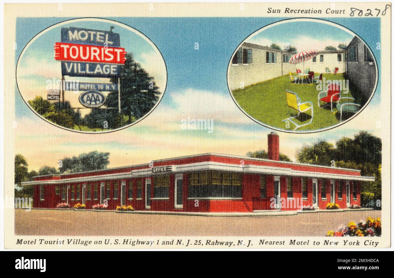 Motel Tourist Village sulla U. S. Highway 1 e N. J. 25, Rahway, N. J., motel più vicino a New York City, Motels, Tichnor Brothers Collection, cartoline degli Stati Uniti Foto Stock