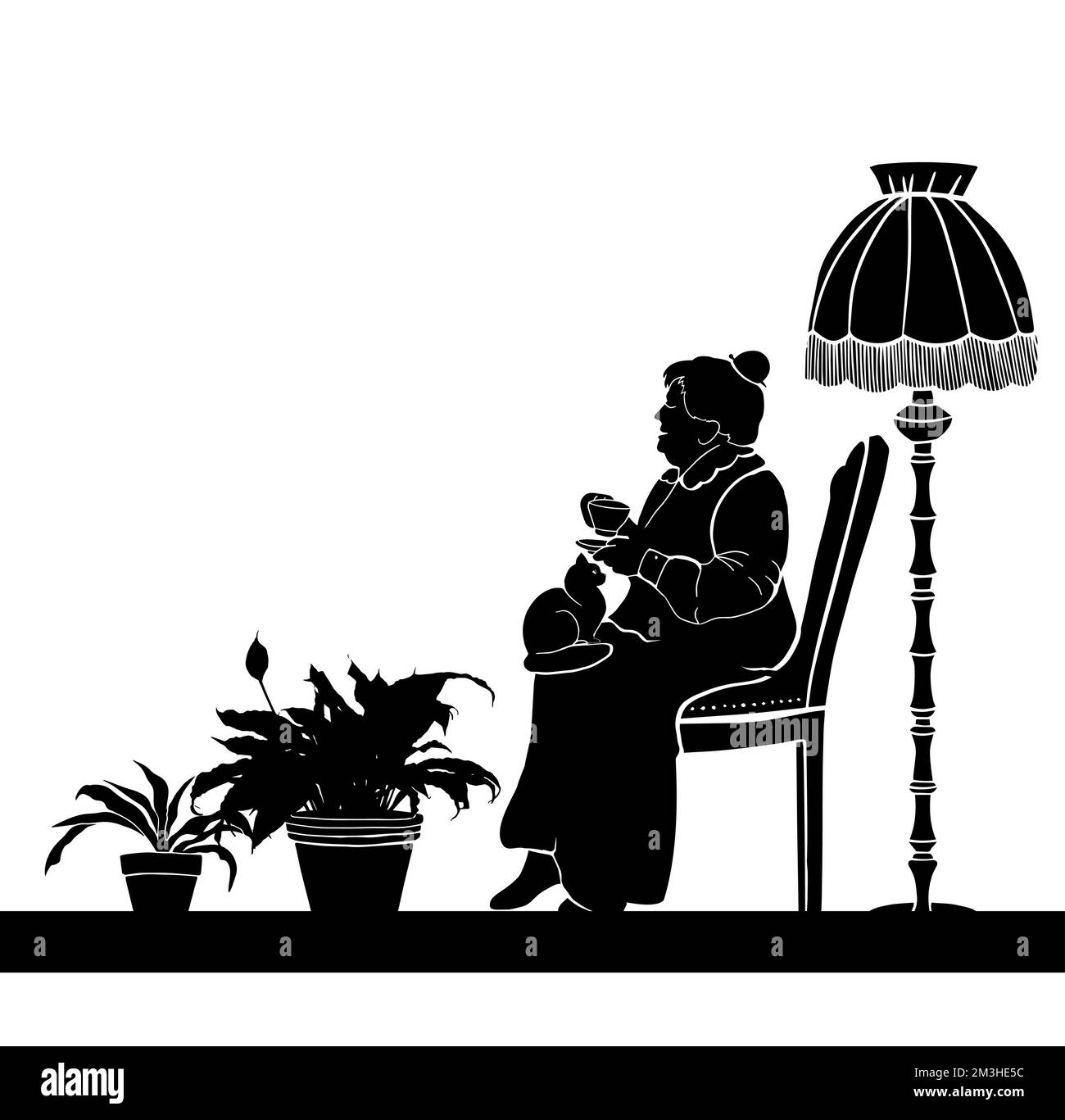 Una donna anziana beve il tè mentre si siede in una poltrona a casa. illustrazione vettoriale Illustrazione Vettoriale