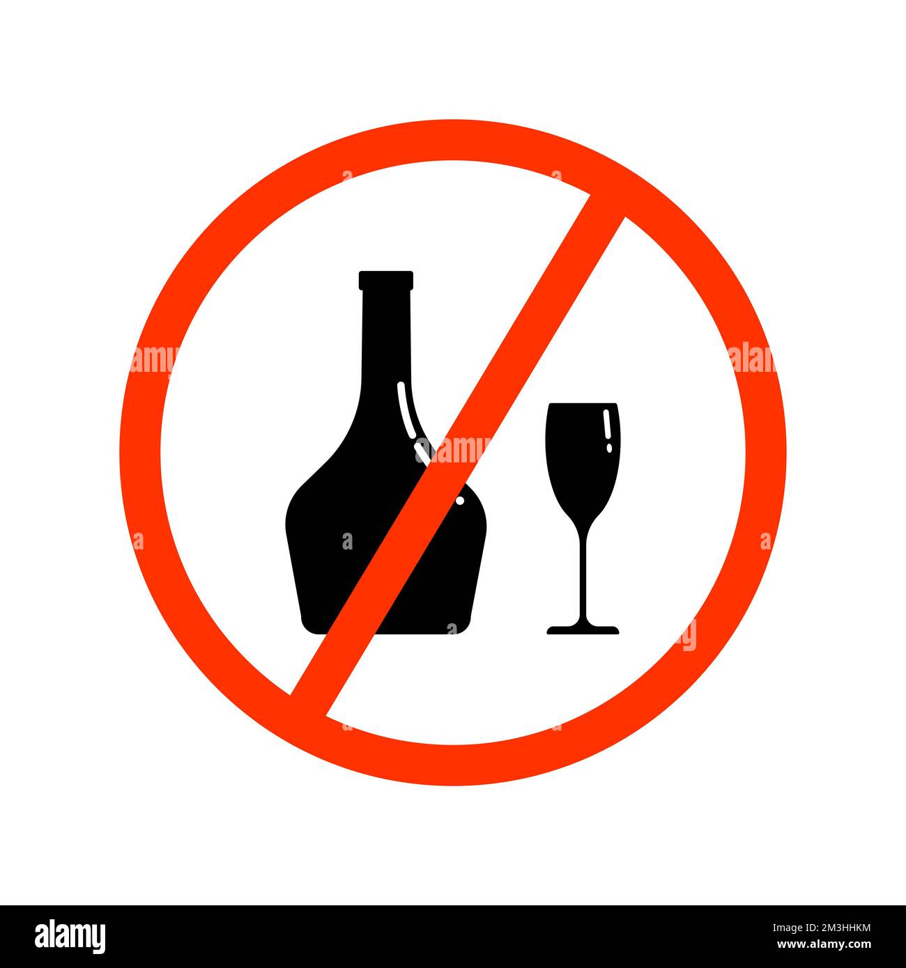 Un set di silhouette nere di una bottiglia e un bicchiere in un cerchio rosso barrato. Clip art vettoriale isolato su bianco. Illustrazione del divieto di alcol Illustrazione Vettoriale