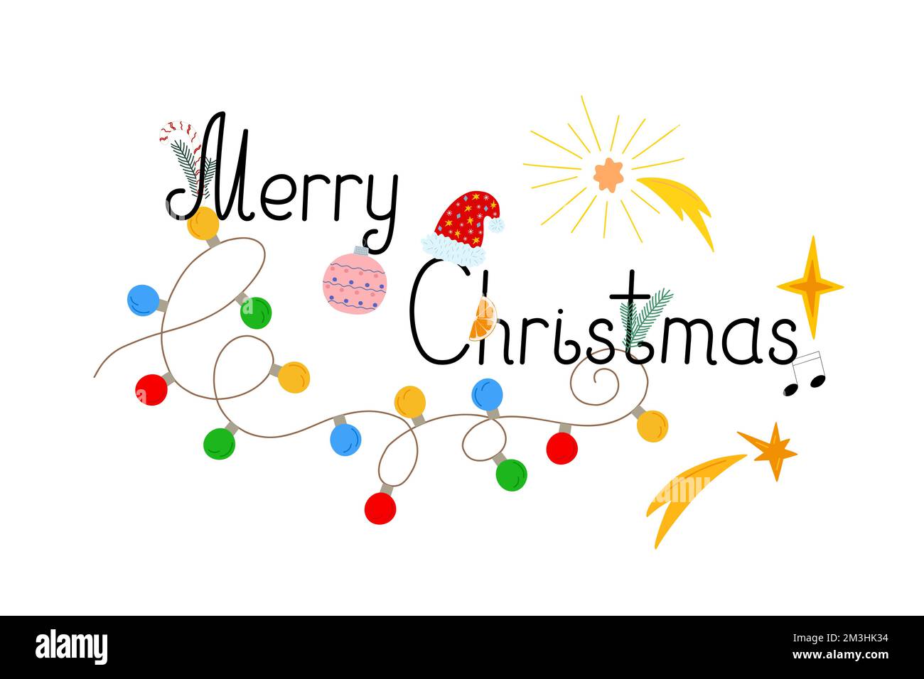 Allegro banner accordo di Natale con ghirlanda festosa, stella da tiro, canna da zucchero, abete ramo vettore illustrazione, festa celebrazione semplice decorazione cartone animato, clipart Illustrazione Vettoriale