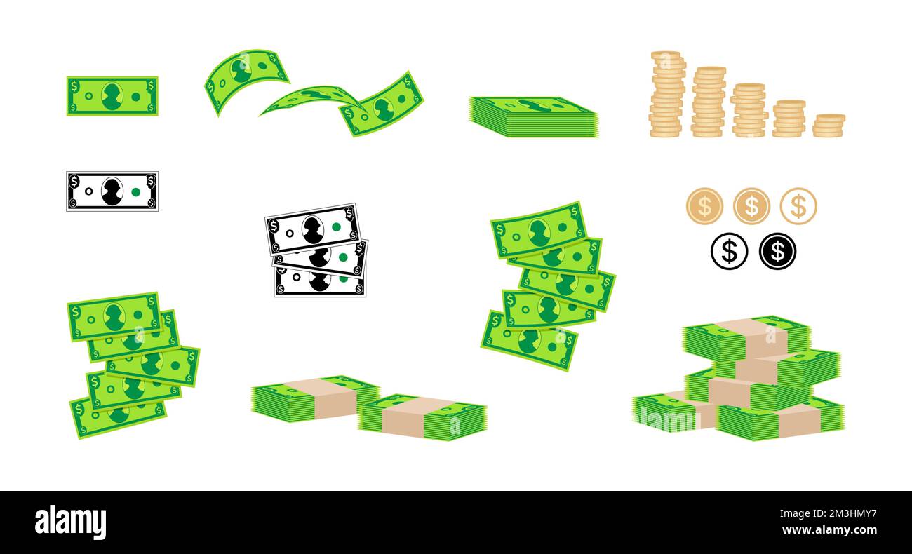 Icona simbolo denaro impostata. Banconote e monete in dollari. Illustrazione vettoriale Illustrazione Vettoriale
