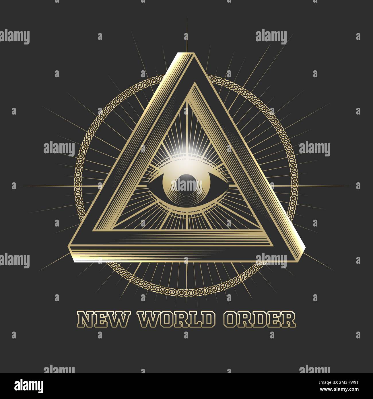 Simbolo Masonico occhio che vede nel Triangolo della geometria sacra e formulazione nuovo Ordine Mondiale su sfondo nero. Illustrazione vettoriale Illustrazione Vettoriale