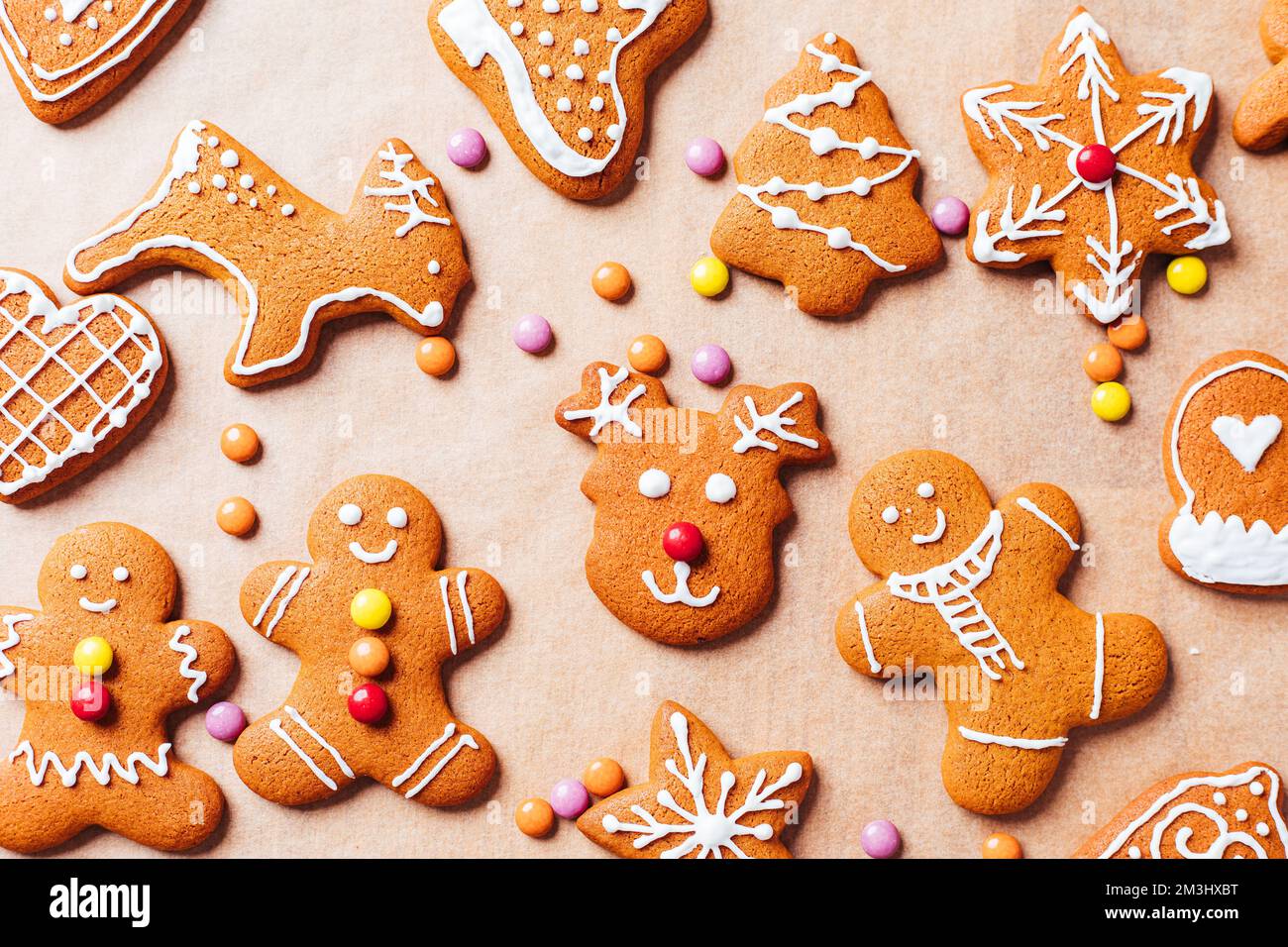 Vari tipi di biscotti di pan di zenzero con glassa di zucchero. Decorato nello spirito natalizio. Felice anno nuovo celebrazione. Divertente e divertente. Foto Stock