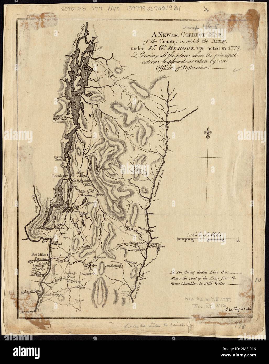 Una nuova e corretta mappa, del paese in cui l'esercito, sotto il Lt. Gl. Burgoyne agì nel 1777, mostrandosi tutti i luoghi dove avvenivano le principali azioni: Come prese da un ufficiale di distinzione , Burgoyne's Invasion, 1777, Mappe, New York state, History, Revolution, 1775-1783, Mappe, prime opere del 1800, Burgoyne, John, 1722-1792 Norman B. Leventhal Map Center Collection Foto Stock