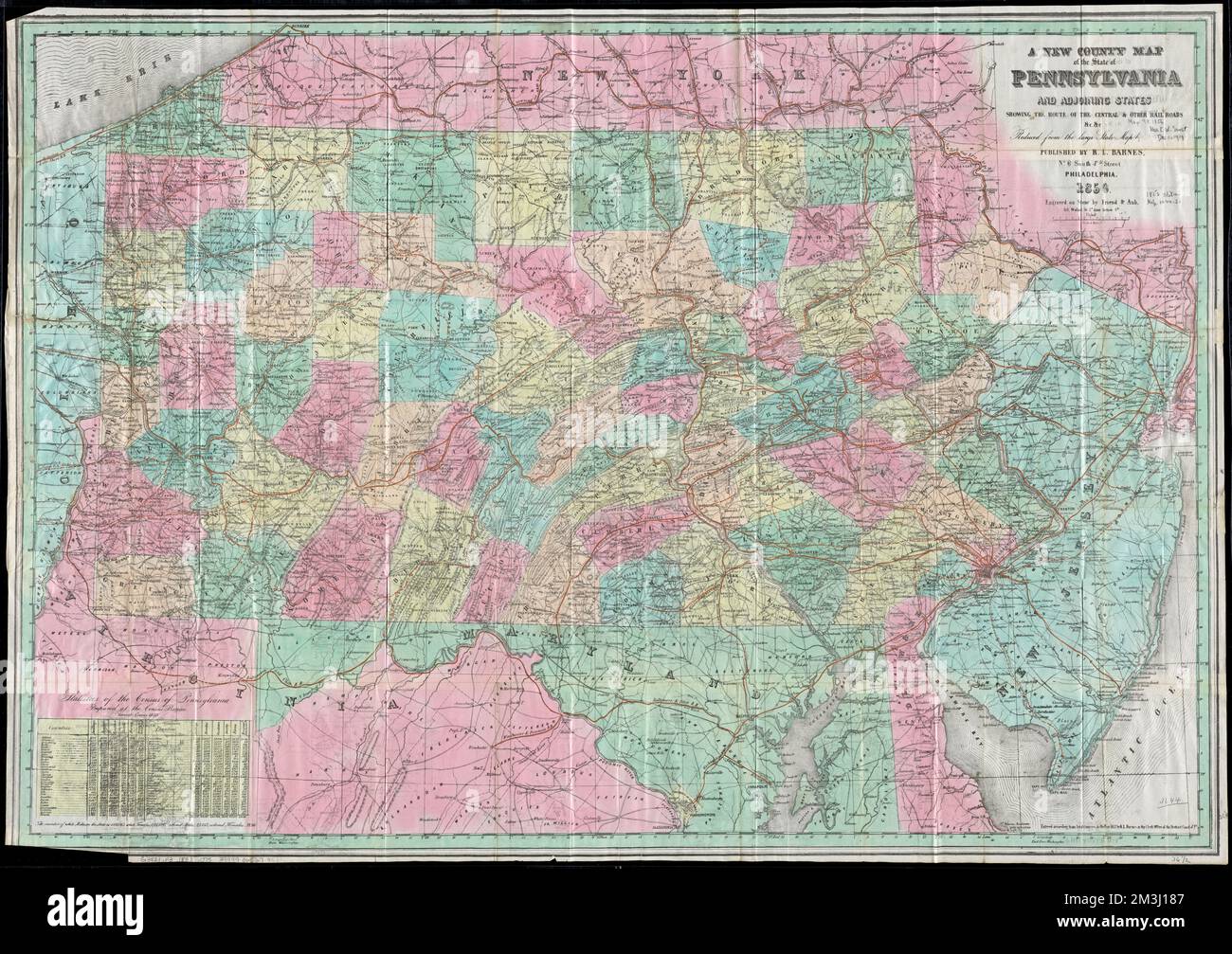 Una nuova mappa della contea dello stato della Pennsylvania e degli stati contigui : che mostra il percorso della Central & Other rail Roads &c. &c.. : Ridotto dalla grande mappa di stato, contee, Pennsylvania, Mappe, Ferrovie, Pennsylvania, Mappe, Pennsylvania, Mappe Norman B. Leventhal Map Center Collection Foto Stock