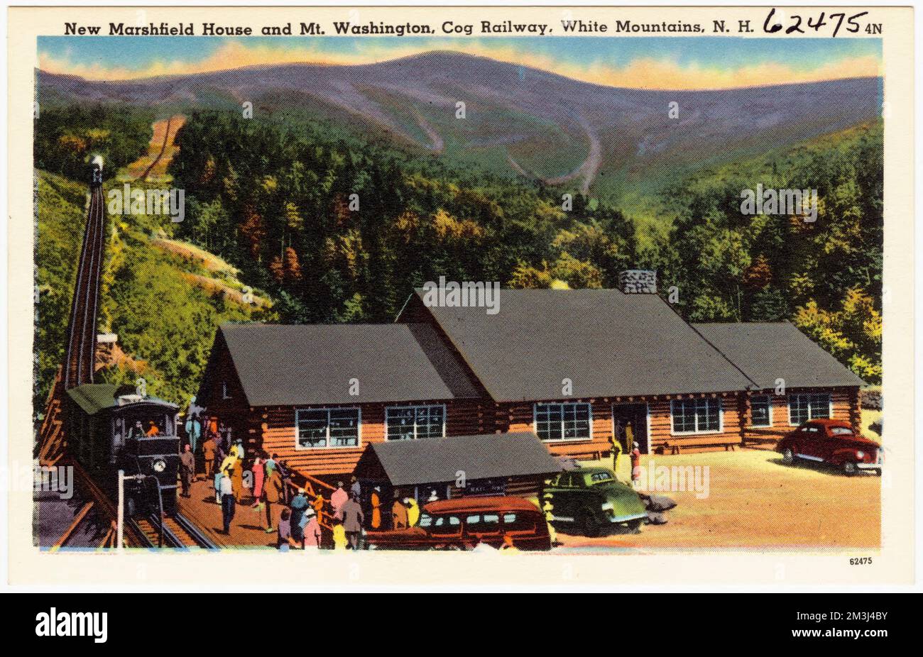 New Marshfield House e Mt. Washington, Cog Railway, White Mountains, N.H. , Railroad Stations, Mountains, Tichnor Brothers Collection, cartoline degli Stati Uniti Foto Stock