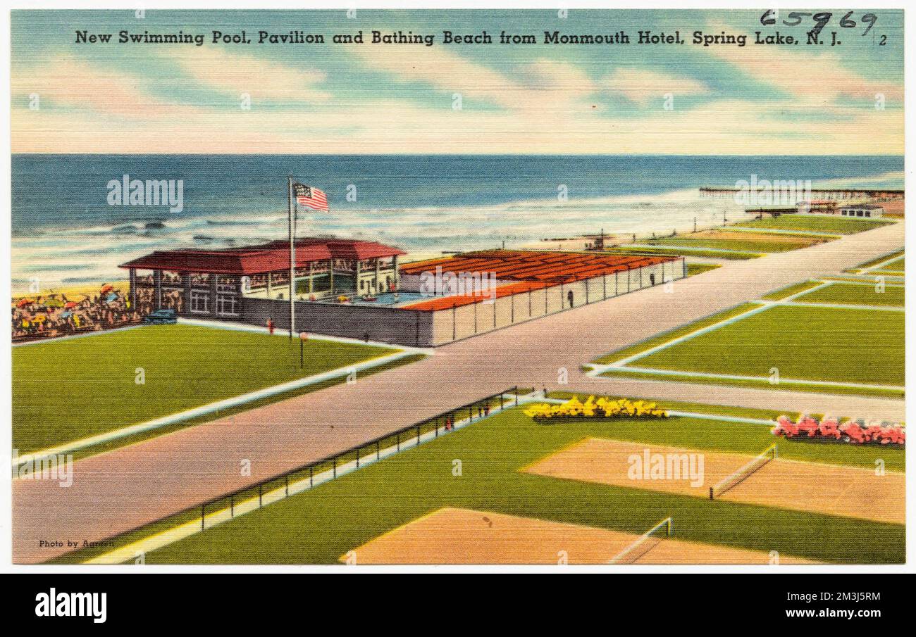 Nuova piscina, padiglione e spiaggia da Monmouth Hotel, Spring Lake, N. J., Sport & strutture ricreative, spiagge, Tichnor Brothers Collection, cartoline degli Stati Uniti Foto Stock