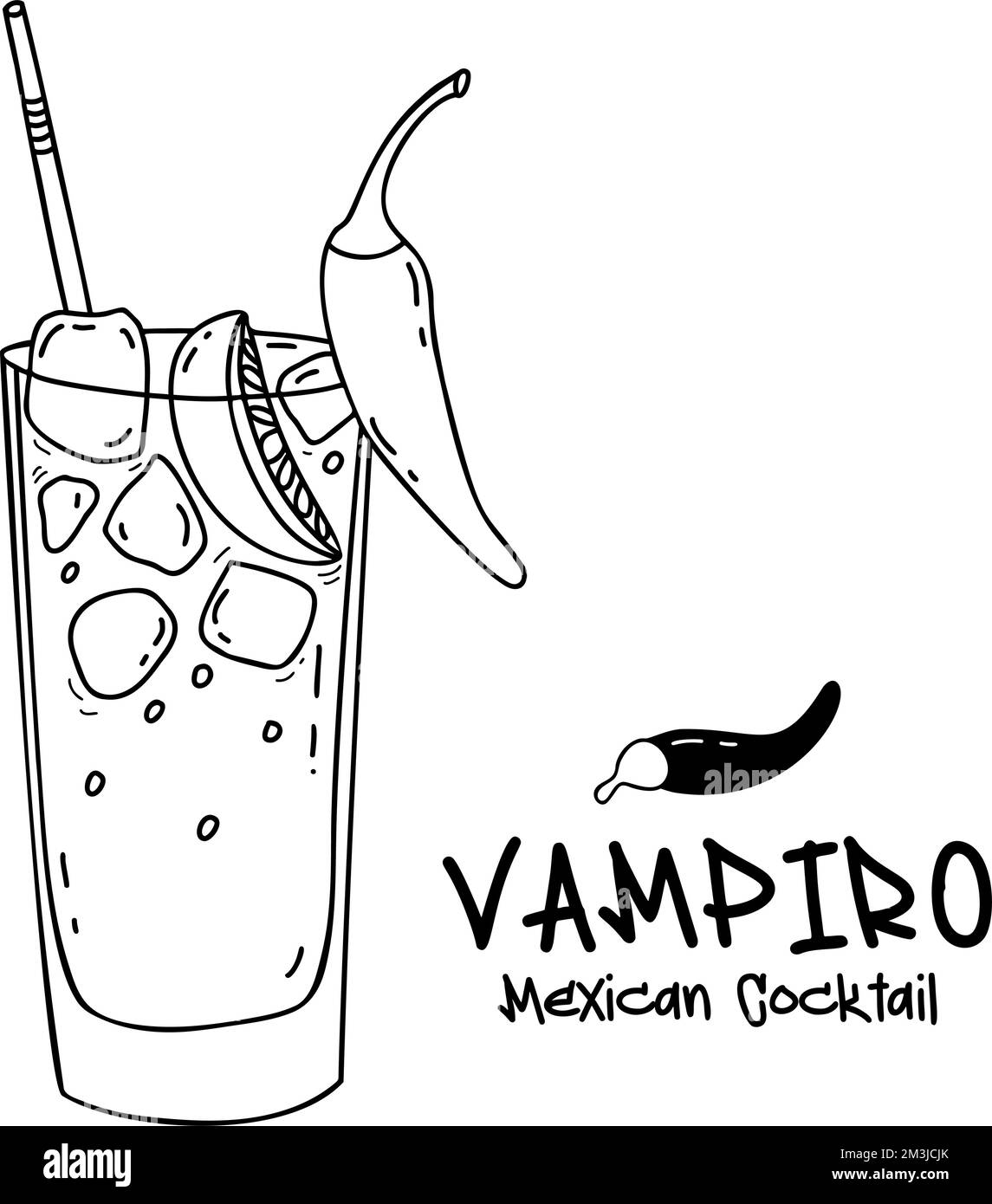 Cocktail messicano Vampiro. Bevanda alcolica con tequila, cubetti di ghiaccio, pezzi di lime e peperoncino. Disegno a mano lineare vettoriale in stile doodle. Latino Illustrazione Vettoriale