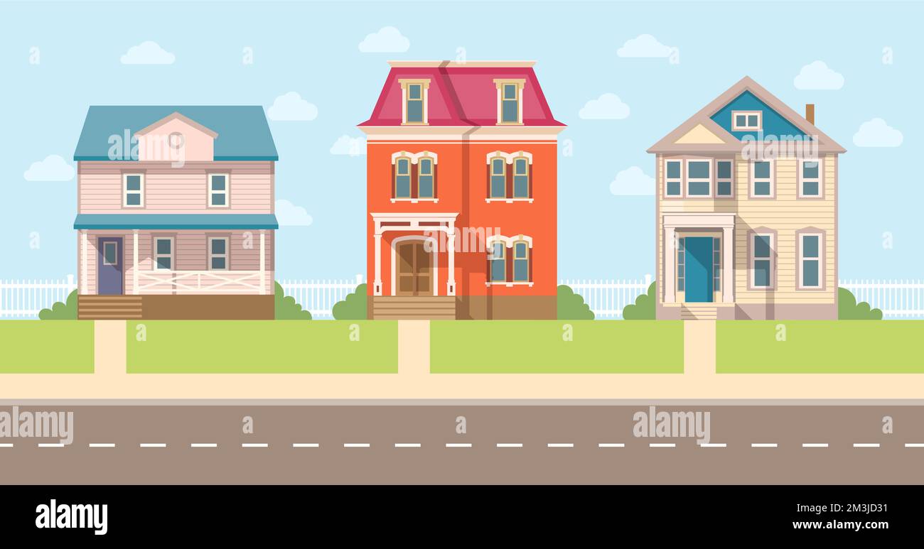 Strada con case private a due piani, prestigiosa area suburbana. Illustrazione vettoriale Illustrazione Vettoriale