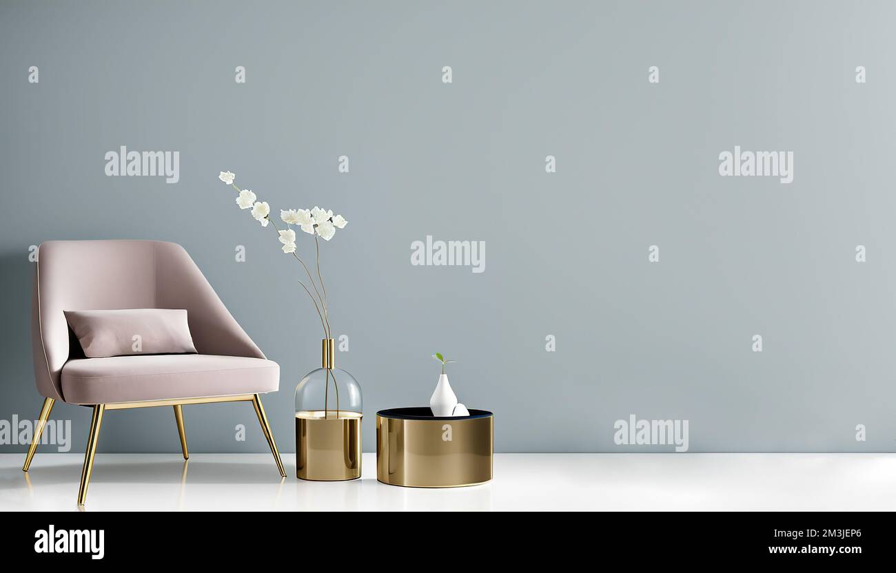 Camera elegante con comoda poltrona vicino alla parete luminosa, Foto Stock