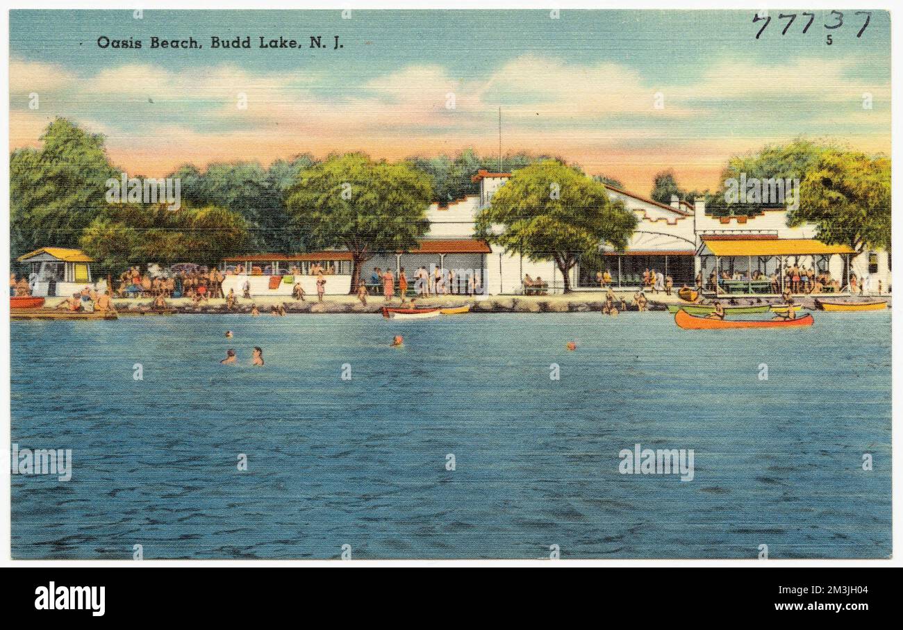 Oasis Beach, Budd Lake, N. J., Laghi e stagni, Barche, Tichnor Brothers Collection, cartoline degli Stati Uniti Foto Stock