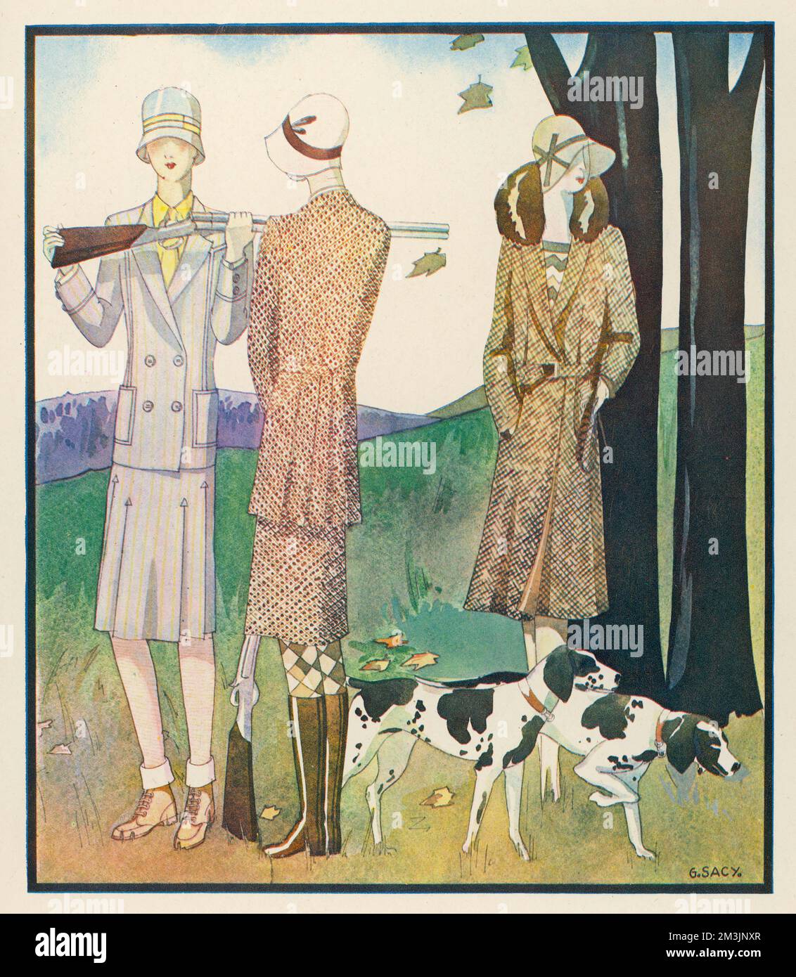 Tre Signore, vestite per uccidere, sono accompagnate dai loro cani come uno di loro spiega al suo compagno come funziona la pistola, dove mettere la cartuccia, consigli utili di questo tipo... 1929 Foto Stock