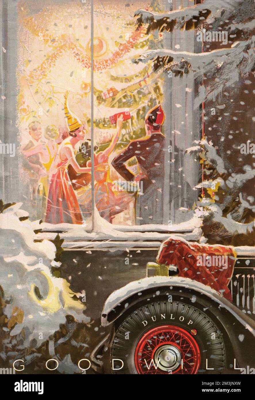 Parcheggiato all'esterno di una casa dove è in corso una vivace festa di Natale - notare la coperta sopra il radiatore... Data: 1933 Foto Stock