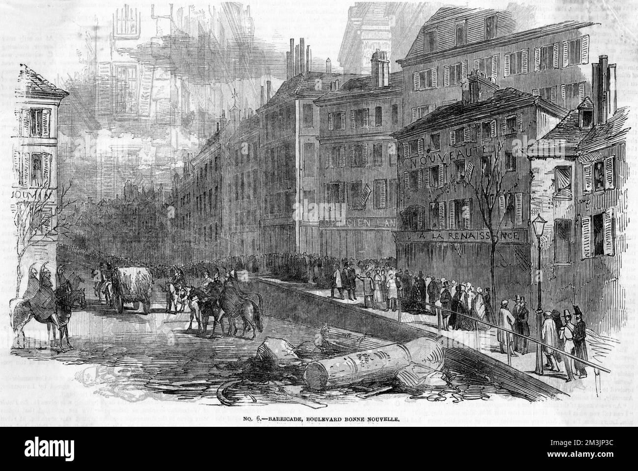 Il colpo di stato di Napoleone innesca la resistenza popolare : i repubblicani costruiscono barricate nelle strade di Parigi. Data: 3 dicembre 1851 Foto Stock