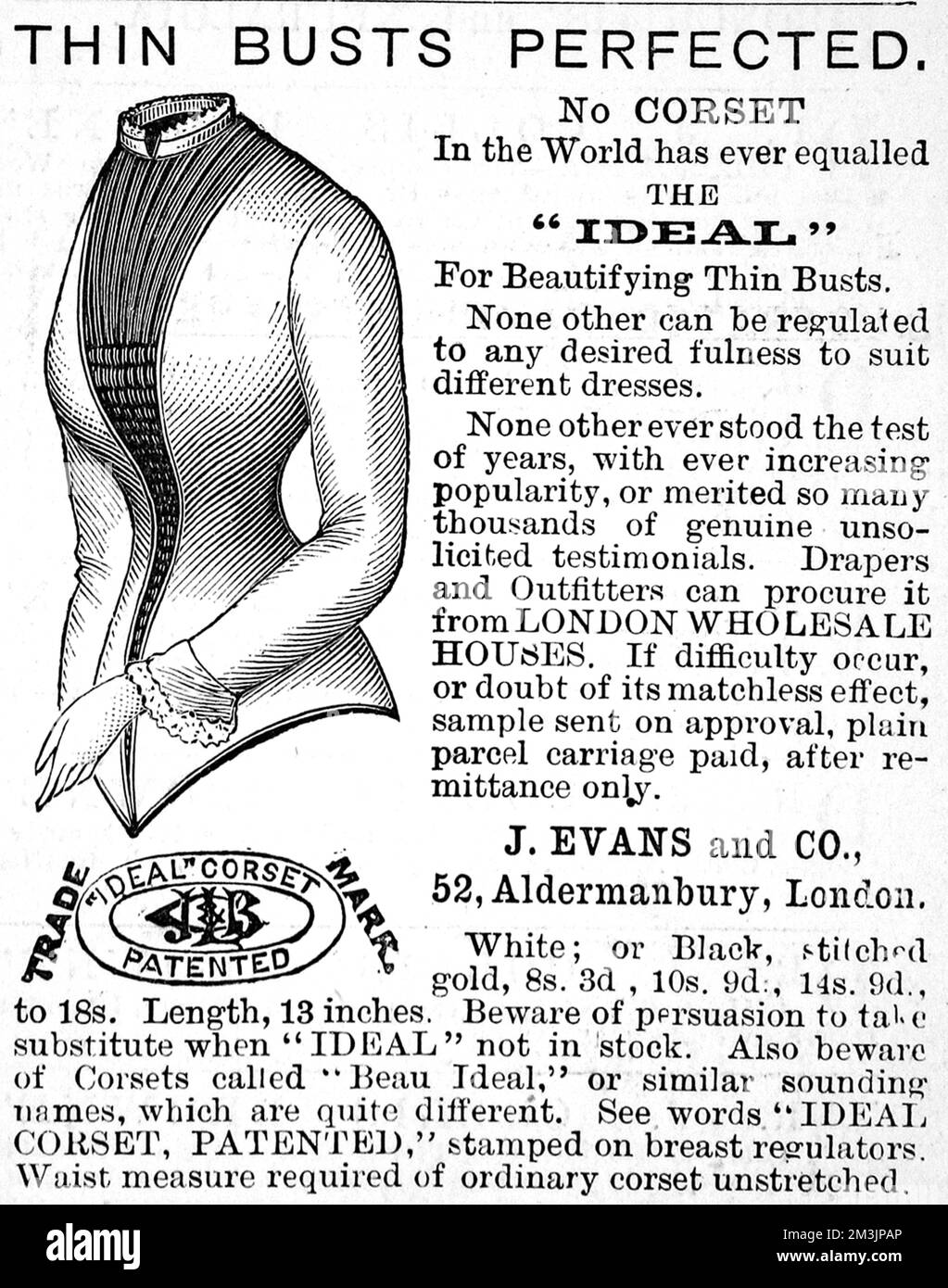 Pubblicità per il 'corsetto ideale, prodotto da J. Evans e Co. Di Londra, progettato per 'abbellire busti sottili'. 1885 Foto Stock