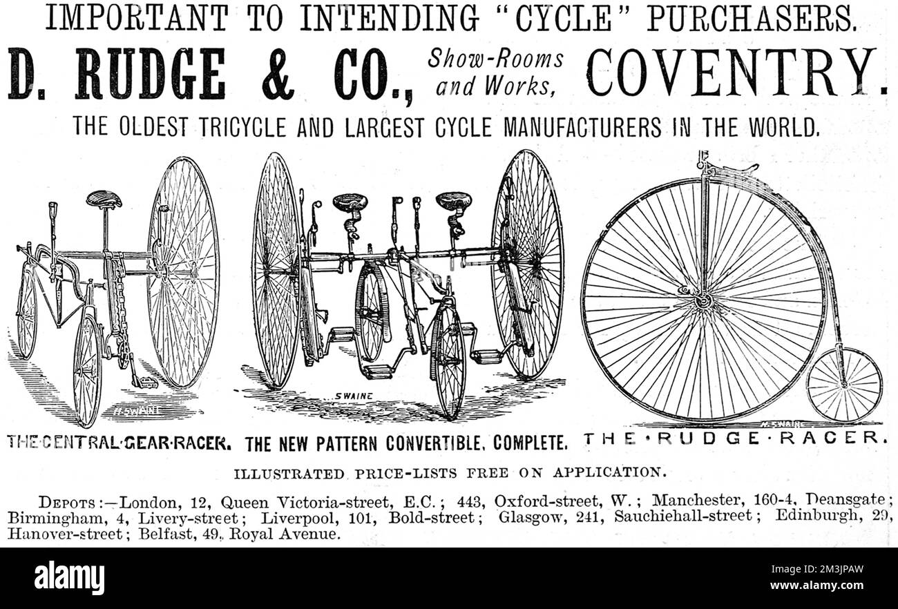 Pubblicità per cicli e tricicli di D. Rudge & Co. Data: 1885 Foto Stock