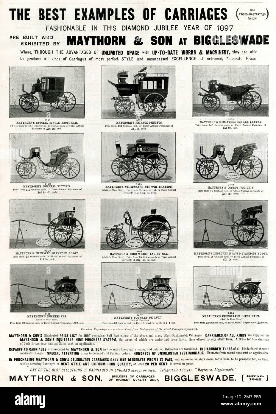 Pagina di carrozze trainate da cavalli popolare nel Giubileo dei Diamanti del 1897, visualizzata in un annuncio di Maythorn &amp; Son of Biggleswade. 1897 Foto Stock