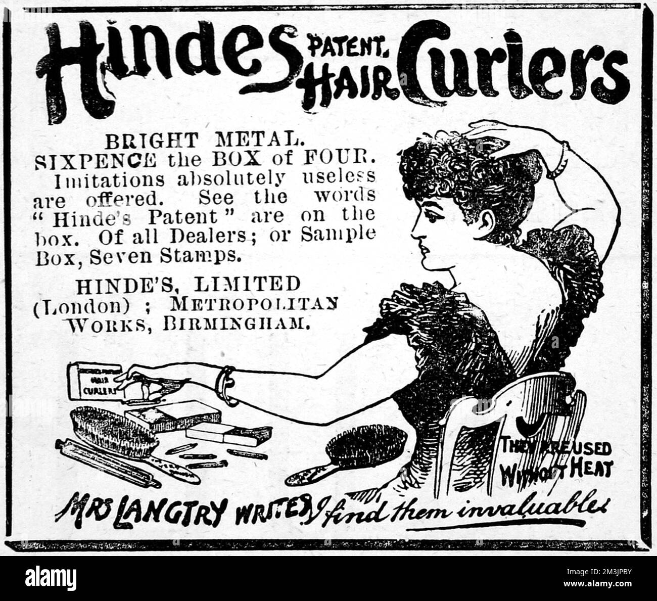 Pubblicità per Hindes Patent Hair curlers dal 1892 con e l'approvazione di Lily Langtry. Data: Maggio 14th 1892 Foto Stock