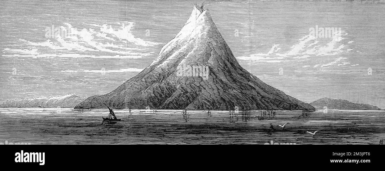 Isola di Krakatoa, nello stretto di Sunda. Il vulcano eruttò 4 volte nel 1883. Si stima che l'esplosione abbia avuto il potere di 10000 bombe a idrogeno e abbia causato onde maree che hanno devastato molte isole indonesiane vicine. 1883 Foto Stock