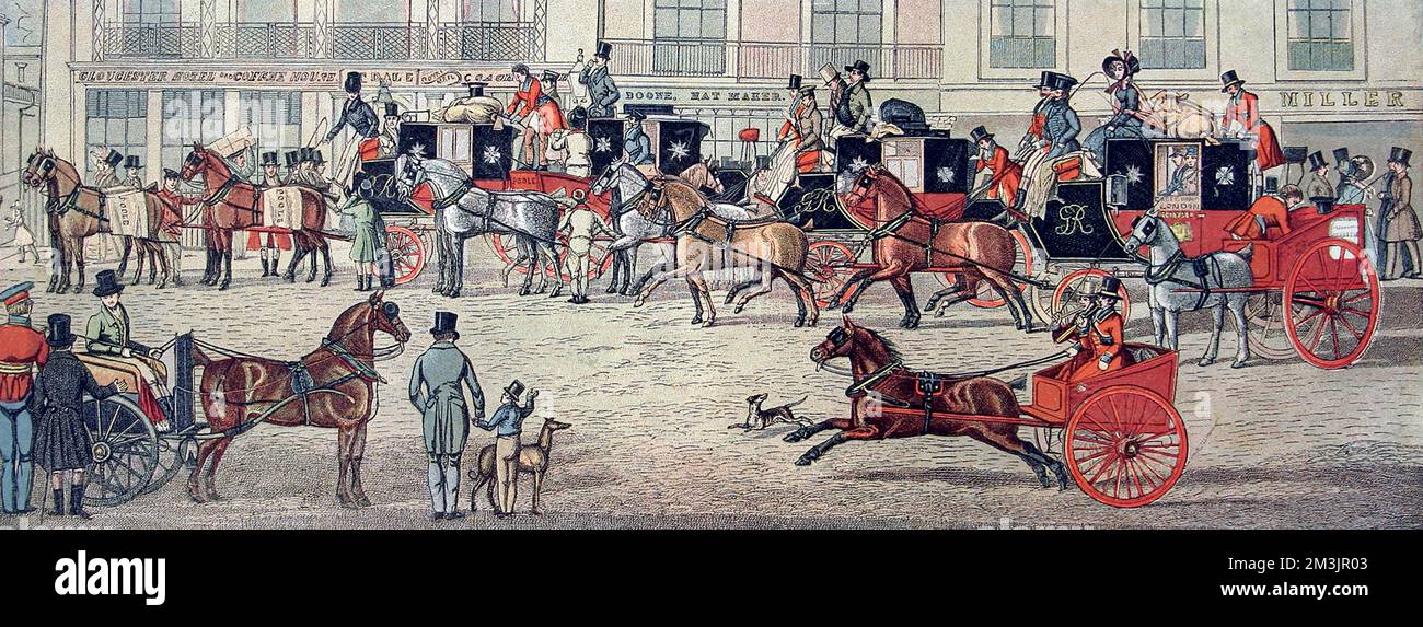 Carrozze trainate da cavalli dal West Country che portano posta alla Gloucester Coffee House, Piccadilly, Londra. Data: 1888 Foto Stock
