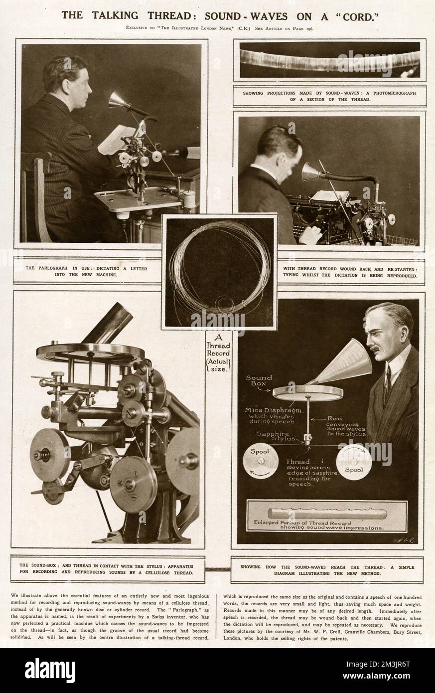 Il Sig. W F Croll, che detiene il genitore, di un metodo di registrazione e riproduzione di onde sonore mediante un filo di cellulosa anziché mediante il disco o cilindro generalmente noto, risparmiando spazio e peso. Data: 1922 Foto Stock