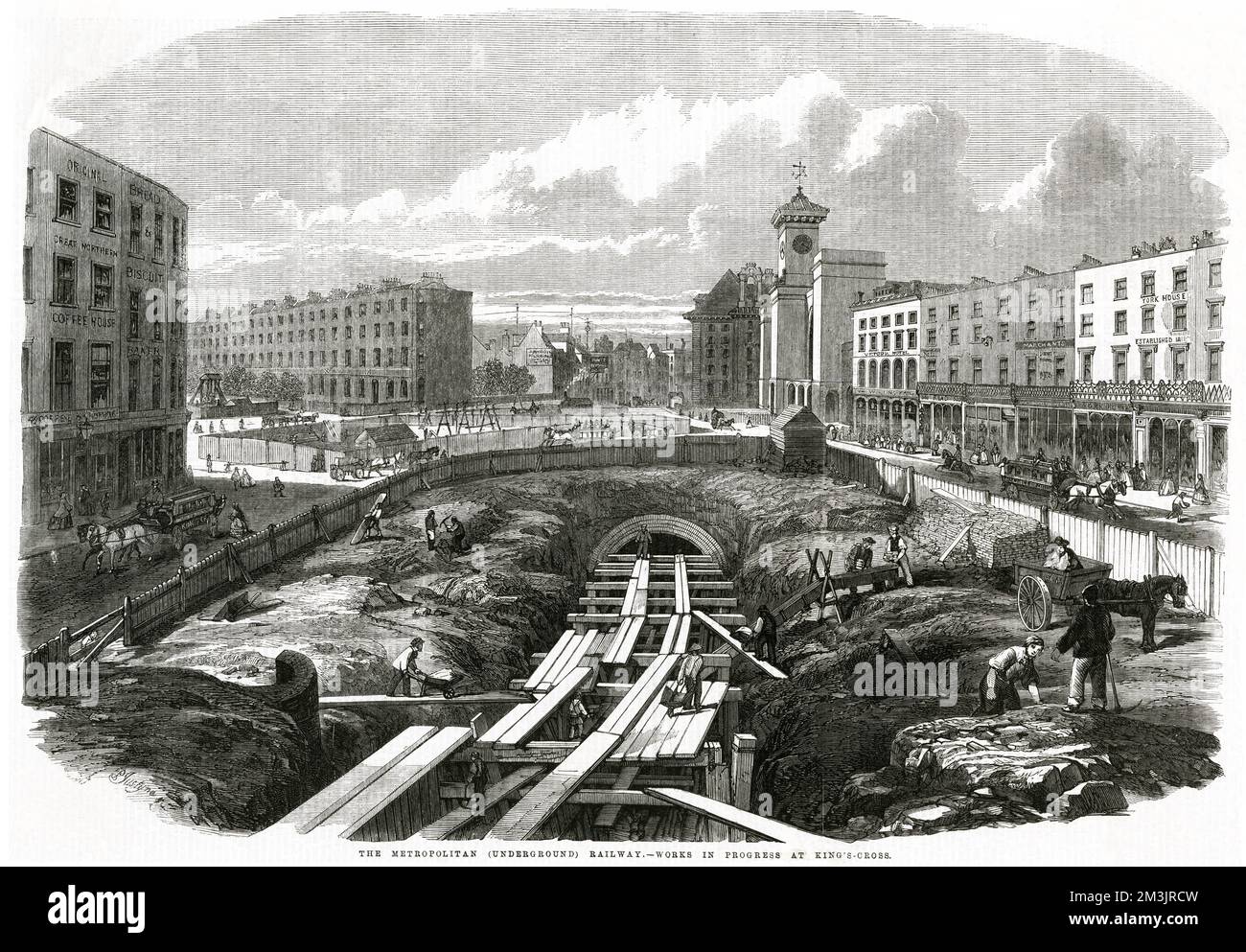 I lavori di costruzione in corso a King's Cross, per ospitare parte della metropolitana Mertropolana. La prima sezione della metropolitana fu completata nel 1863, presto seguita da un'estensione a Westminster. Sono stati utilizzati sia binari a scartamento largo che binari a scartamento standard. 1861 Foto Stock