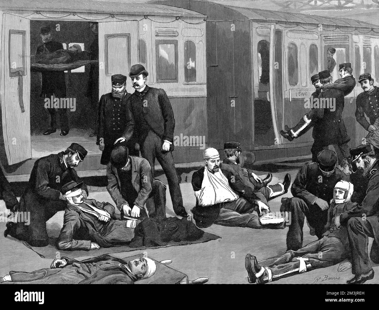 Una lezione di ambulanza alla stazione di Waterloo ai dipendenti della compagnia ferroviaria sud occidentale. 1887 Foto Stock