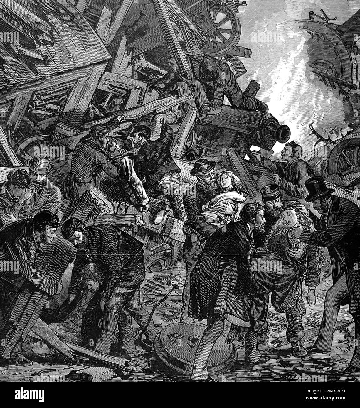 Il disastro ferroviario a Thorpe vicino Norwich. I lavoratori ferroviari che tirano fuori i morti e i feriti dal naufragio. 1874 Foto Stock