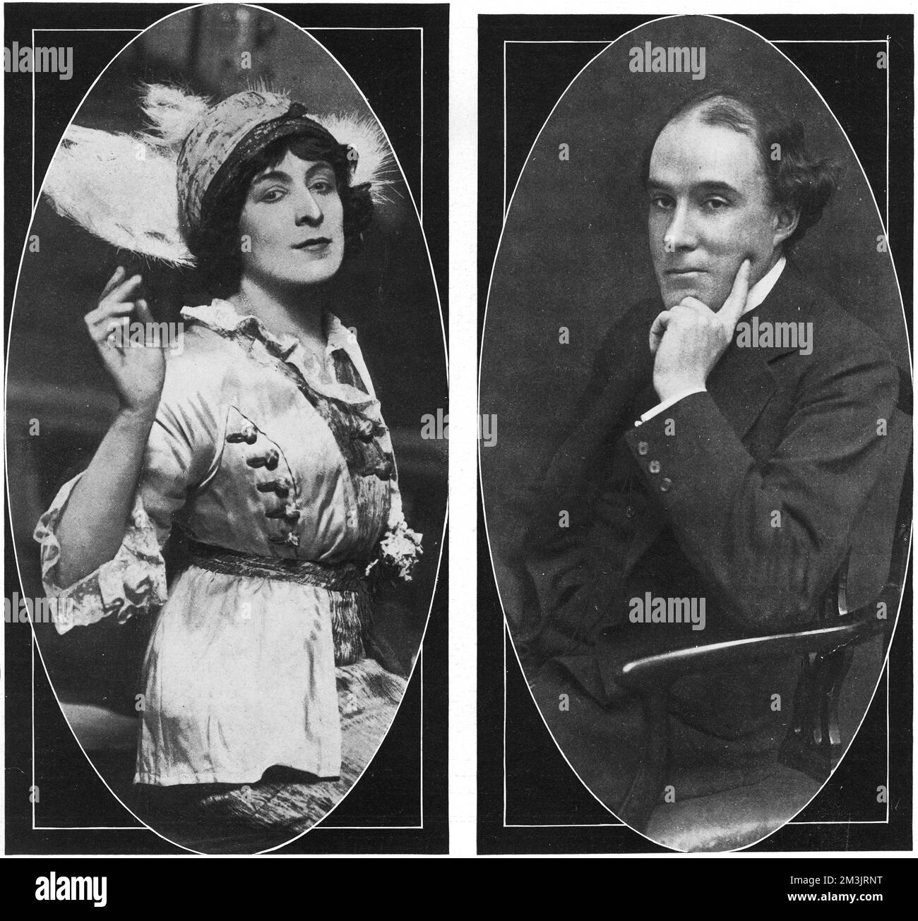 Marito e moglie, signorine Mable Hackney e Laurence Sydney Irving, vittime della tragedia dell'imperatrice d'Irlanda. La signorina Mabel Hackney fu un'attrice molto amata, che debuttò al St James's Theatre nel 1895. Laurence Sydney Irving ha iniziato a recitare nel 1891 con la compagnia del signor F R Benson, e la sua reputazione è culminata con il suo successo nel suo stesso gioco 'Typhoon'. Data: 1914 Foto Stock