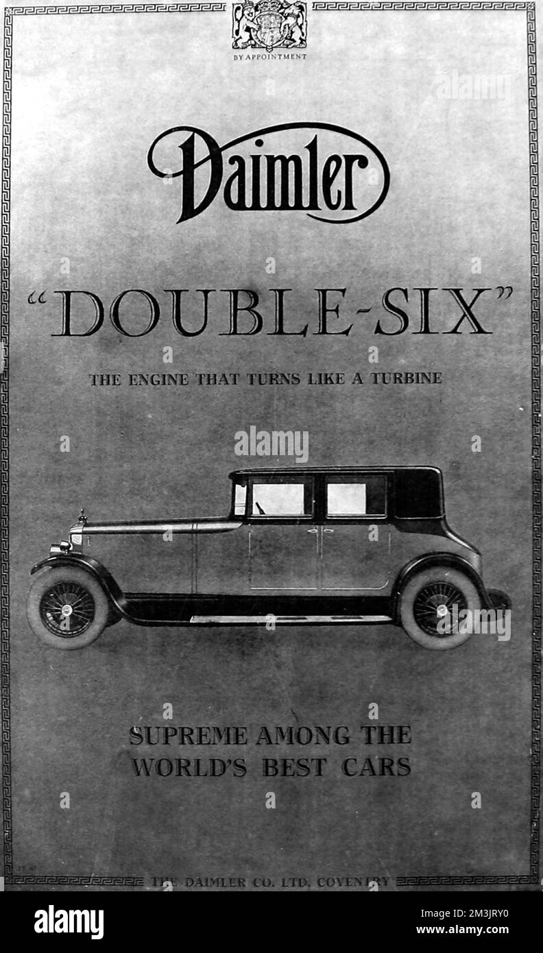 Pubblicità per la Daimler 'Double-Six', 'il motore che si trasforma come una turbina - suprema tra le migliori vetture del mondo'. Data: 16th ottobre 1926 Foto Stock