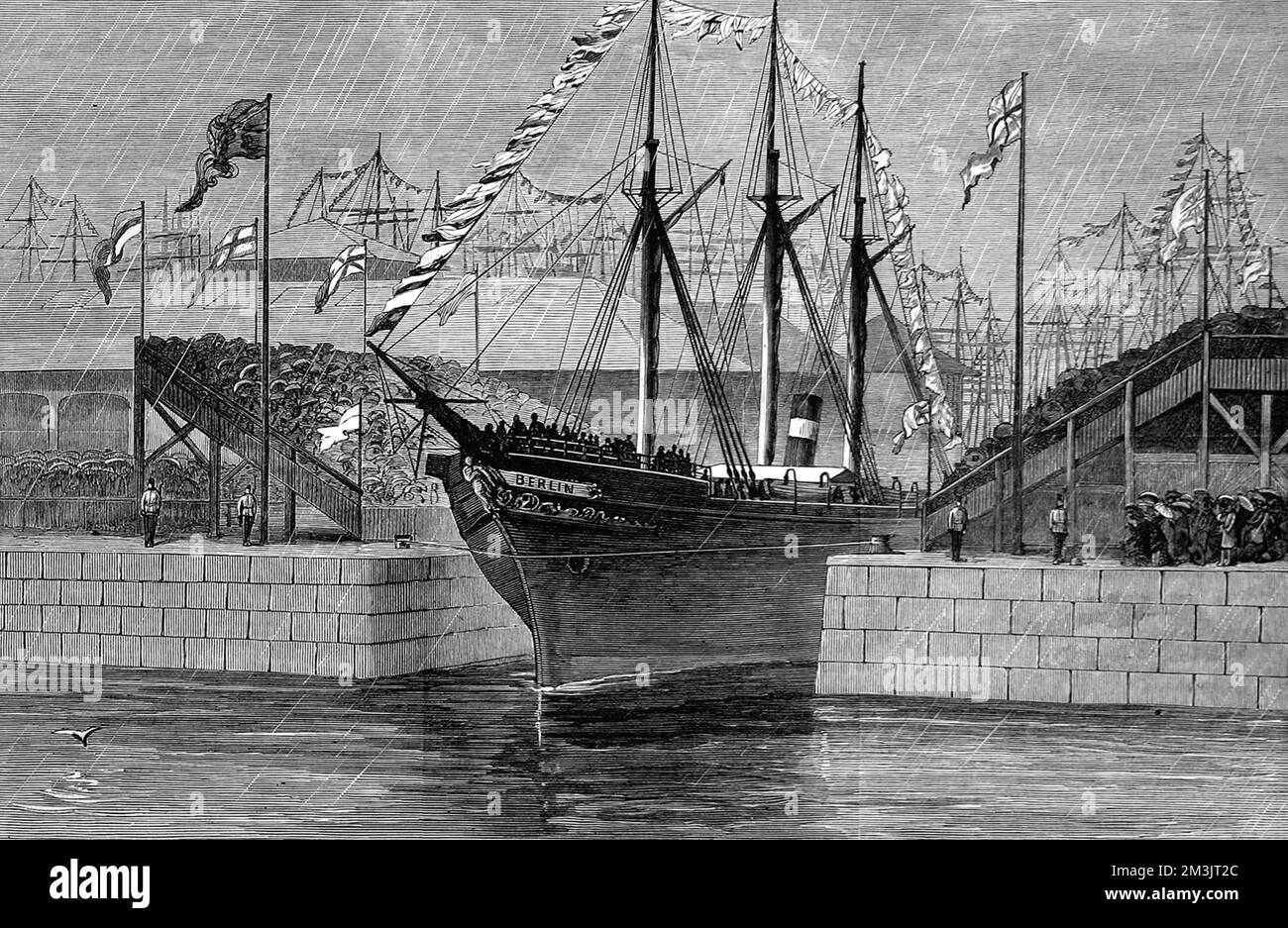 Il vaporetto, 'Berlino', con il Duca di Edimburgo a bordo, tagliando il nastro blu all'apertura del nuovo molo di Edimburgo a Leith nel 1881. Data: 1881 Foto Stock